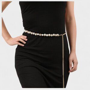 Pearl Beaded Gold Chain Waist Belt With Adjustable Drop Chain NEW!